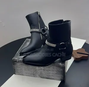 Men's Black Leather Chain Harness Ankle Boot in Size 40-46