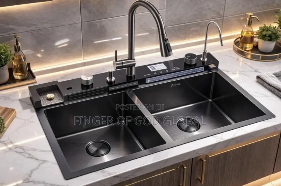 Luxury Black Double Bowl Smart Kitchen Sink With Pull-Down Faucet