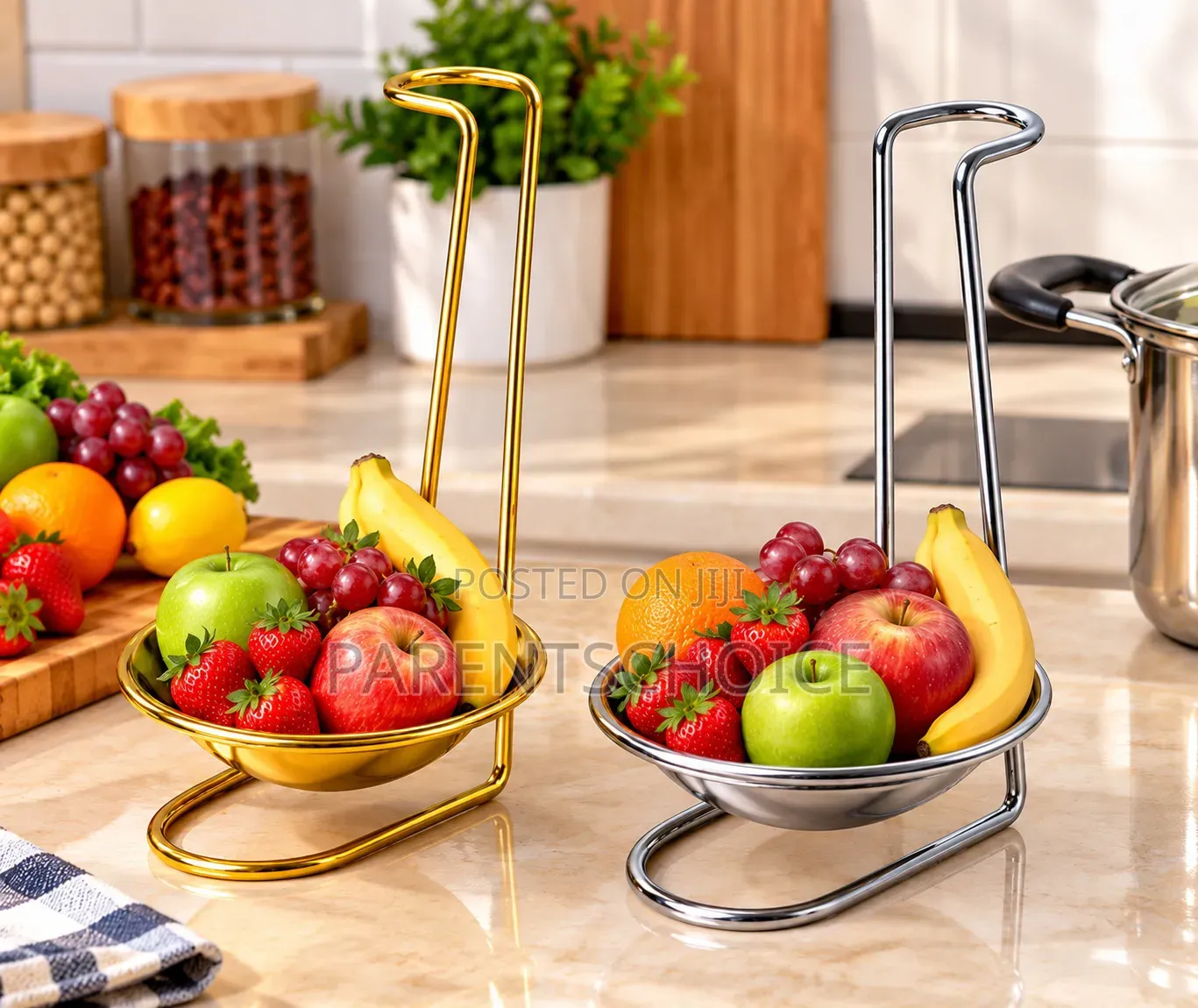 Gold & Silver Stainless Steel Scoop Holders With Fruit Bowls