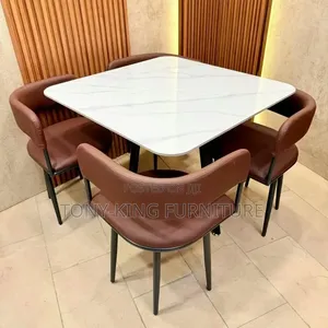 Imported Modern Square White Marble Top Dining Table Set.