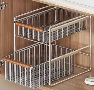 2-Tier Stainless Steel Under Sink Organizer - Pull-Out Cabinet Rack