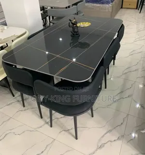 Contemporary 6-Seater Black Marble-Top Dining Table Set