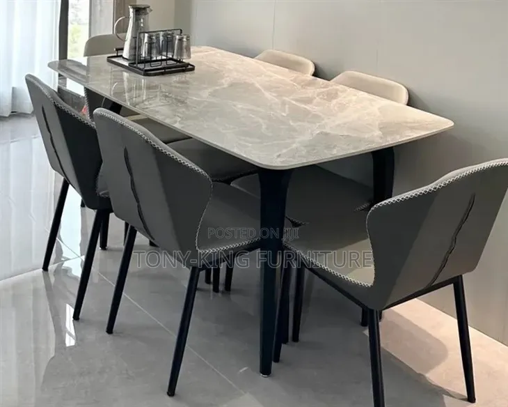Modern 6-Seater Marble-Finish Rectangular Dining Set.