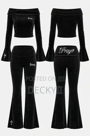 Black Velour PRAYER 2pc Set, Off-Shoulder Top & Flare Pants, S-L