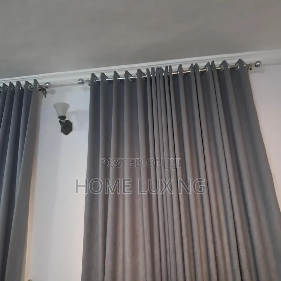 Grey Curtains With White Lining, Rods & Accessories for 2 Windows