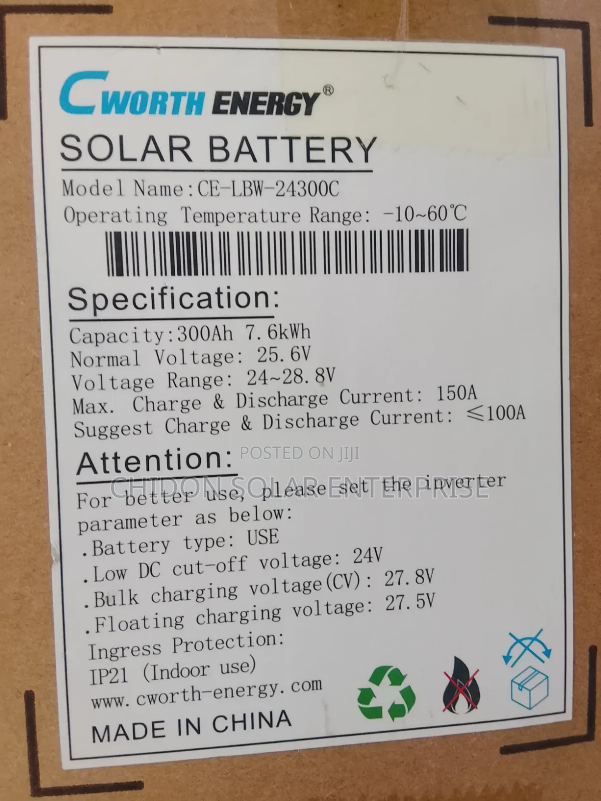 7.6kwh 24v Cworth Lithium Ion Battery