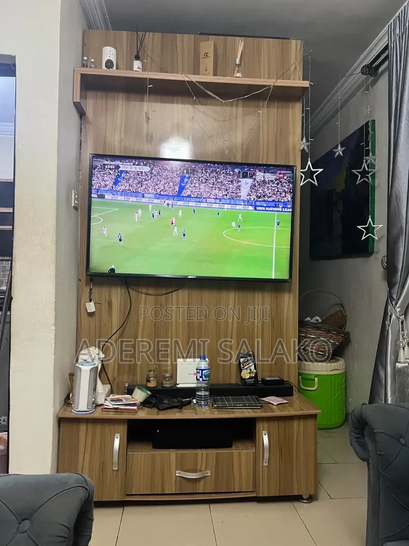 Wooden TV Backpanel Wall Unit With Cabinets & Top Display Shelf