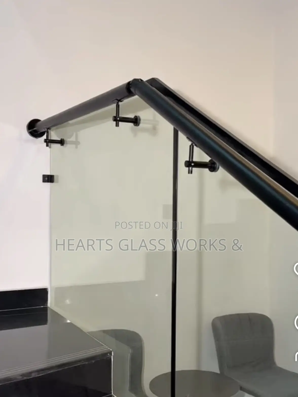 Frameless Glass Staircase Railing With Black Handrail