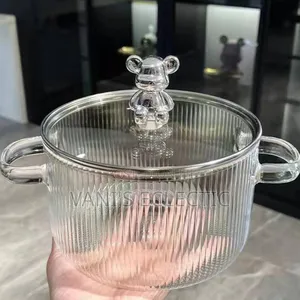 Luxury Fluted Glass Cooking Pot With Silver Bear Lid (1.6L)