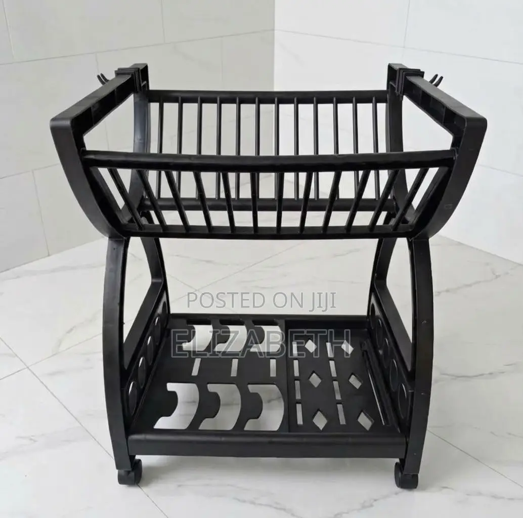 ⁠2-Tier Black Dish Drying Rack With Tray and Wheels⁠