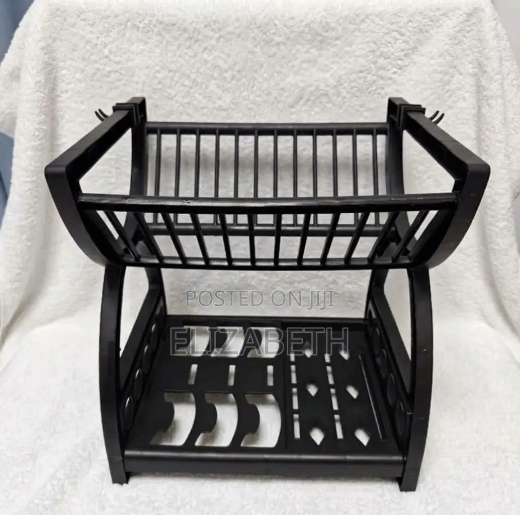 ⁠2-Tier Black Dish Drying Rack With Tray and Wheels⁠