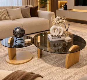 Natural Wood Color 2 in 1 Glass Top Center Table