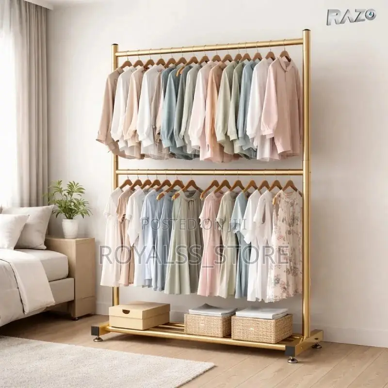 Heavy-Duty Double Rail Gold Cloth Rack / Wardrobe Stand