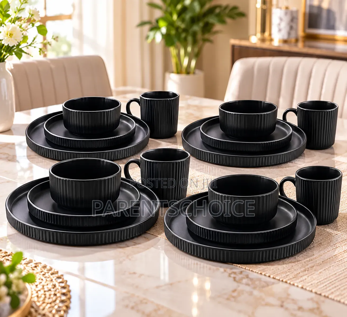 16-Piece Black Ribbed Dinner Set