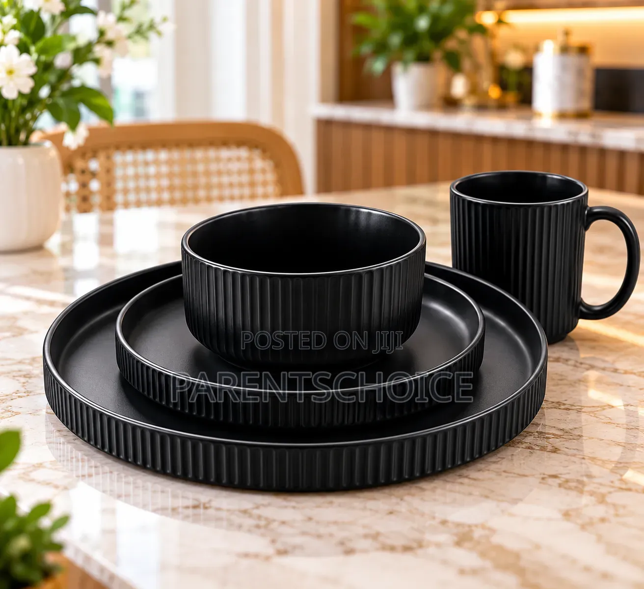 16-Piece Black Ribbed Dinner Set