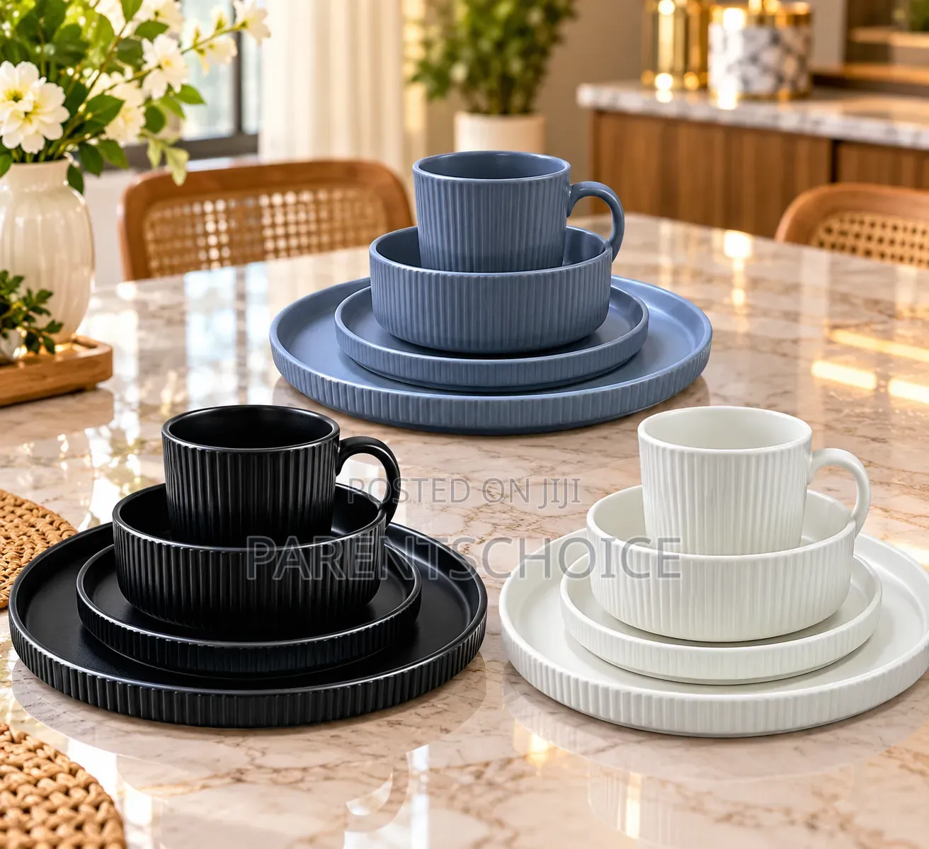 16-Piece Black Ribbed Dinner Set