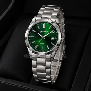 Geneva Luxury Men's Silver Wristwatch – Green Dial & Date
