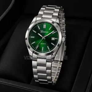 Geneva Luxury Men's Silver Wristwatch – Green Dial & Date