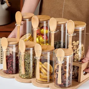 9-Piece Premium Glass Spice Jars Set With Bamboo Lids & Wooden Rack