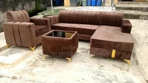 Brown Colour Fabric L Shape Sofa With Center Table