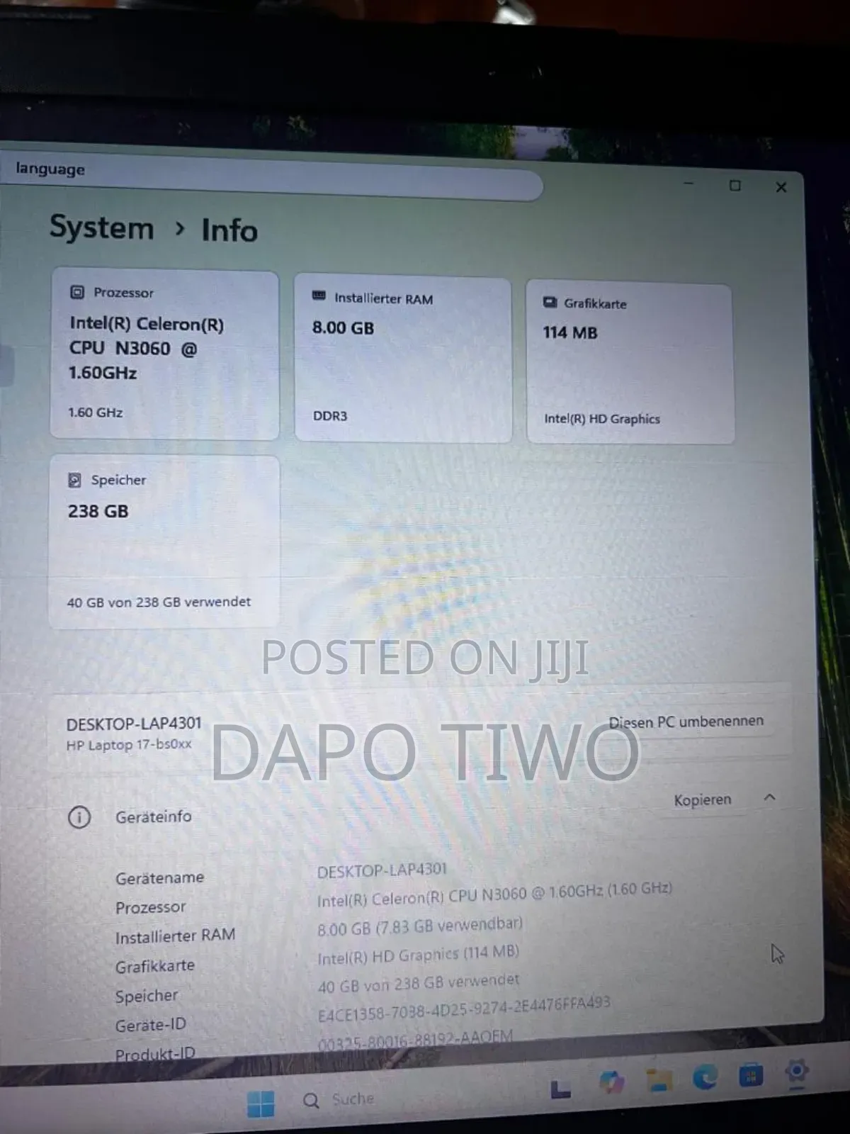 Laptop HP 8GB Intel Celeron HDD 256GB