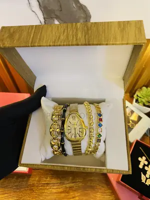 *Complete Jewelry Combo – Gold Watch & 4 Stylish Bracelets in Box*