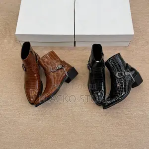 High Quality Premium Heeled Croc-Embossed Harness Leather Ankle Boots