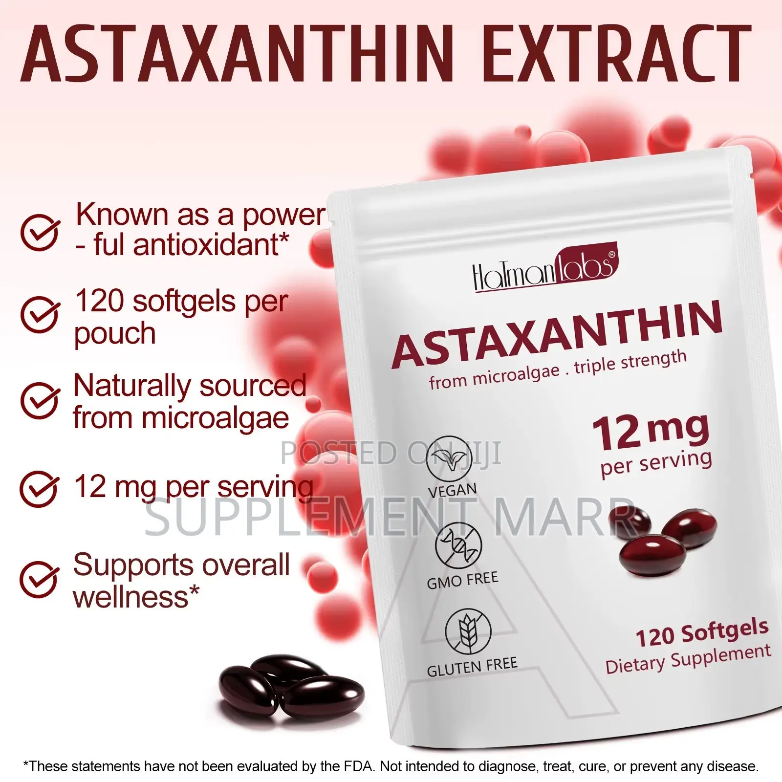 Astaxanthin Capsules. Triple Strength 12 Mg Per Serving