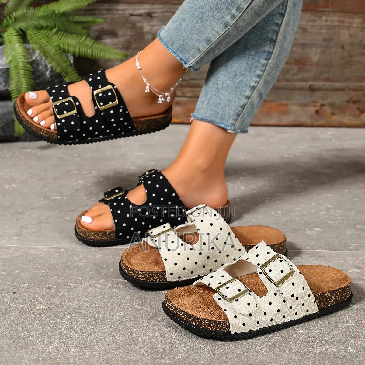 Women's Polka Dot Double-Buckle Flat Sandals