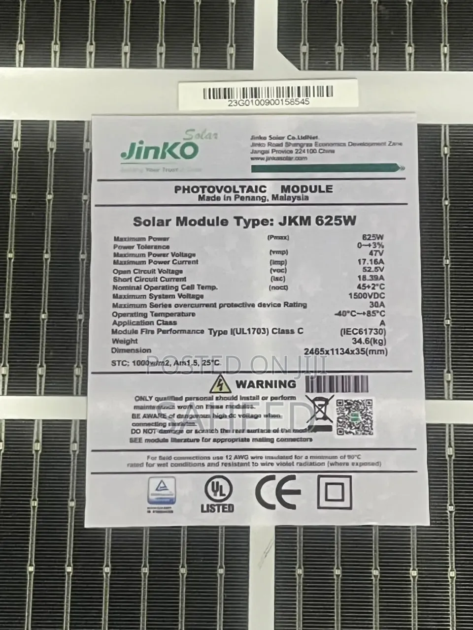 625w Jinko Solar Panel (Bifacial)