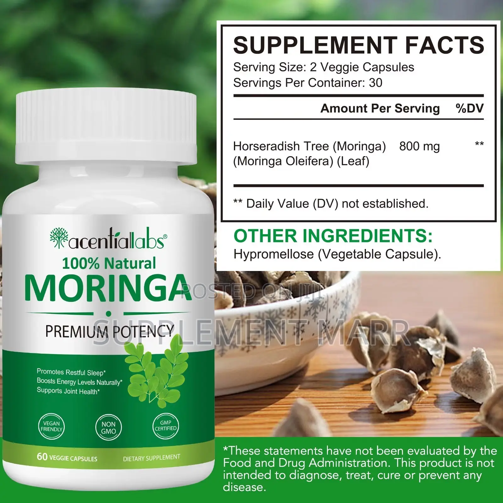 100% Moringa Capsules – Premium Potency – 60 Capsules