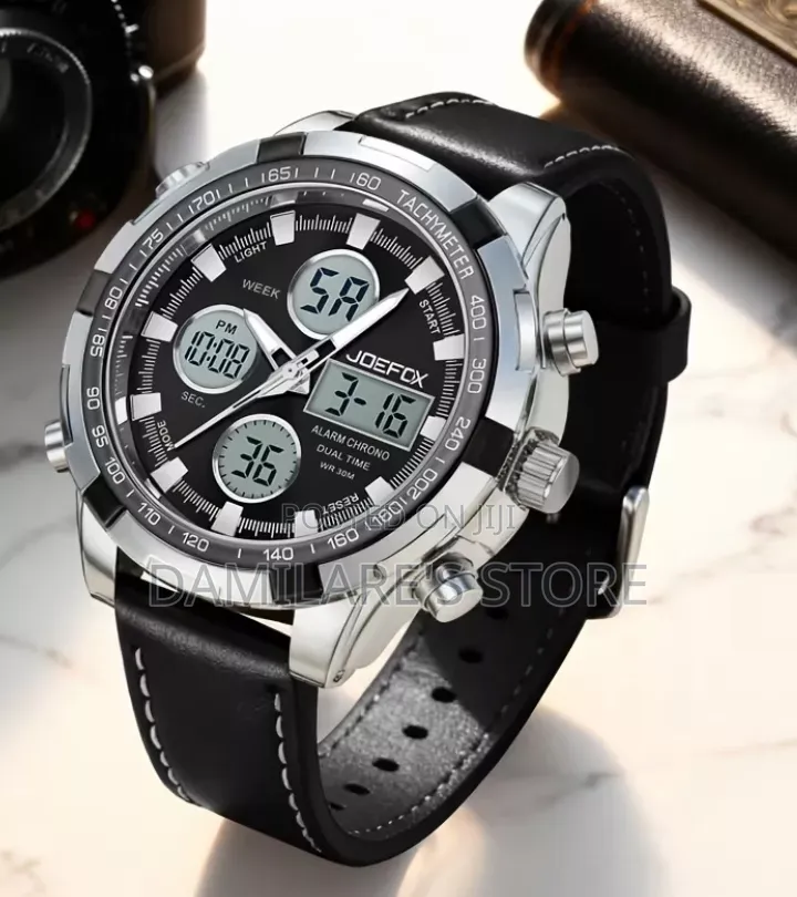 Men Dual Display Leather Watch
