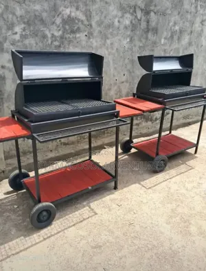 Charcoal BBQ Grill With Wooden Side Shelves