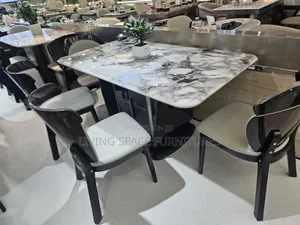 Glossy Dining Table With 6 Solid Leather Chairs