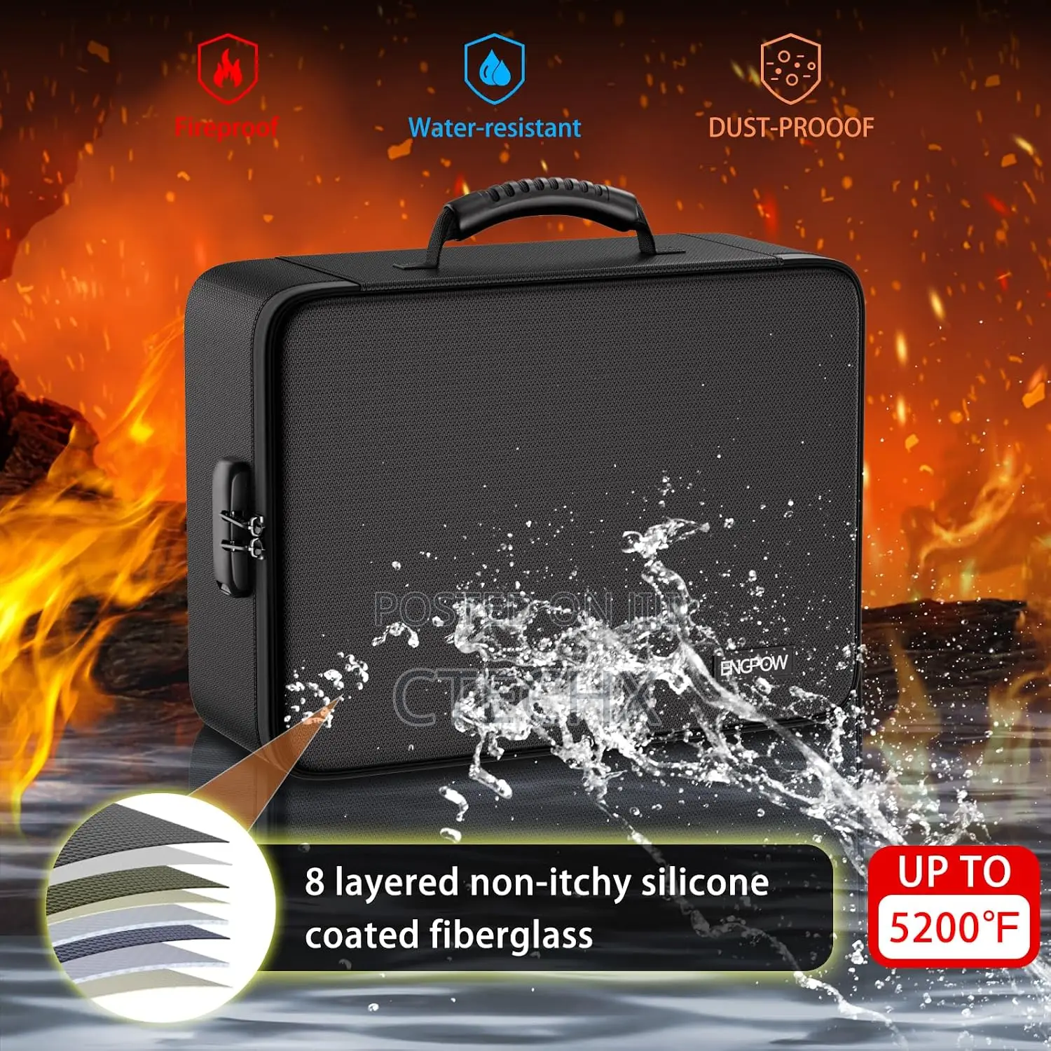 ENGPOW 5200°F Fireproof & Waterproof Document Box With Lock,25 Pockets