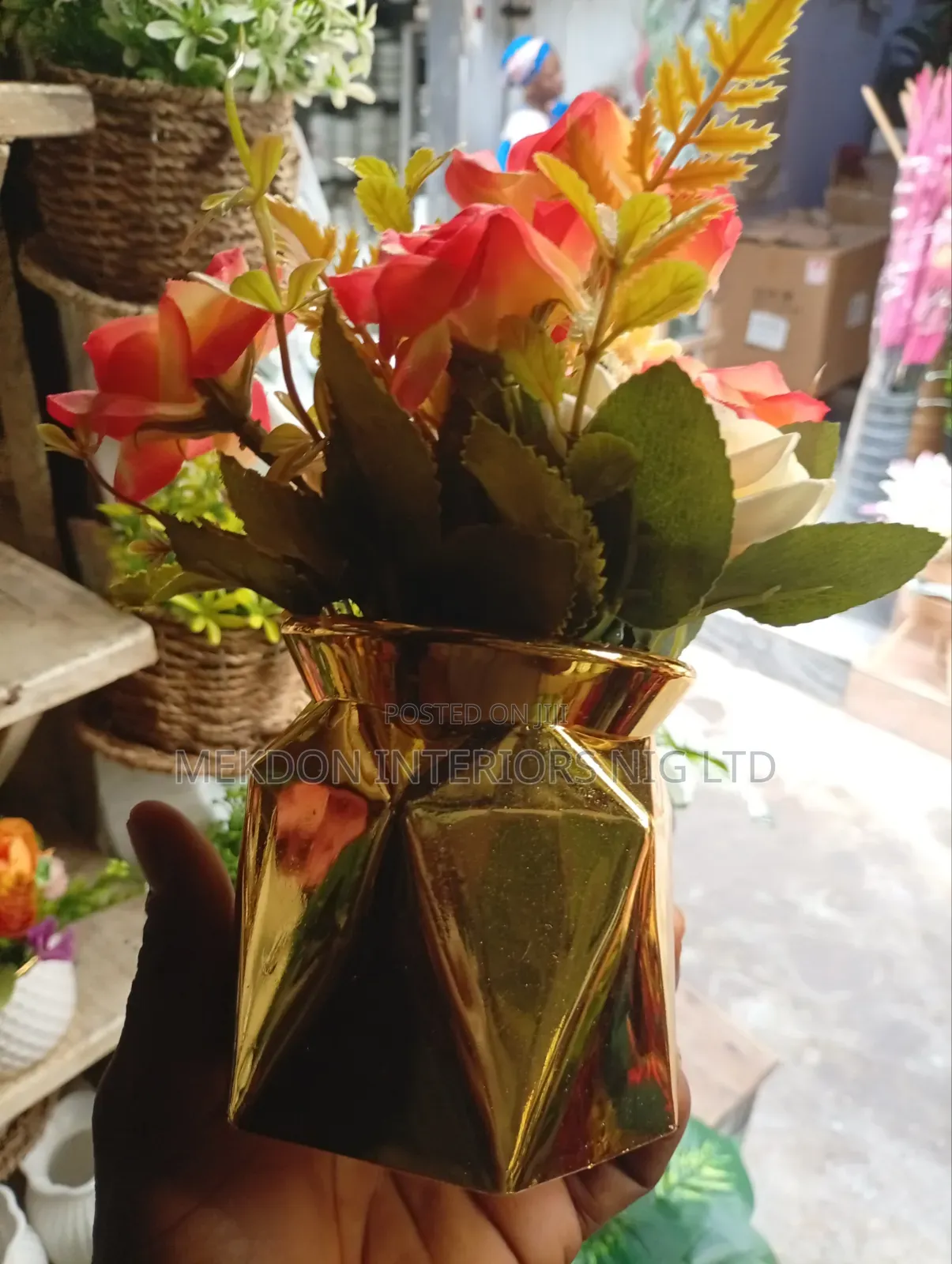 Golden Plastic Vase and Flower