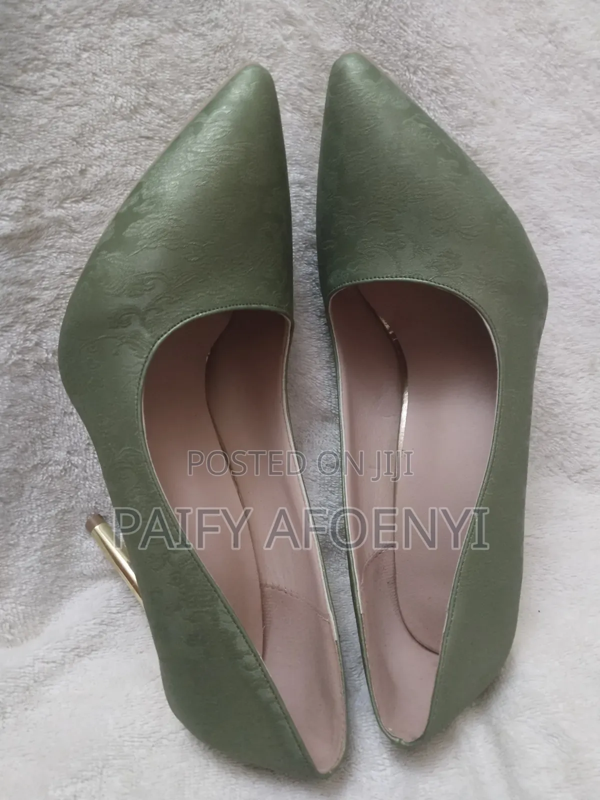 Olive Green Embossed Pointed- Toe Heel