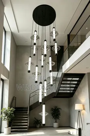 Shows a Modern Multi-Pendant Tiered LED Chandelier
