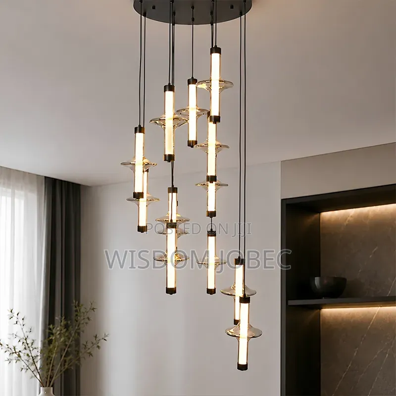 Shows a Modern Multi-Pendant Tiered LED Chandelier