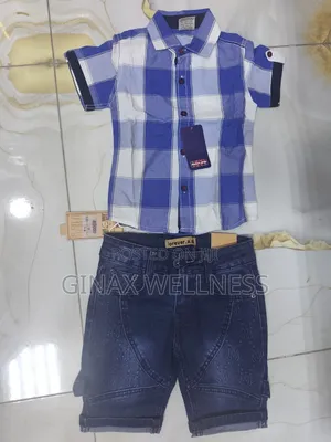 Boys Short Sleeve Checkered Shirt and Denim Jeans Shorts Set