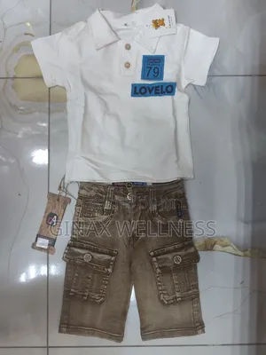 2-Piece Boys White Polo Shirt and Brown Cargo Denim Shorts Set