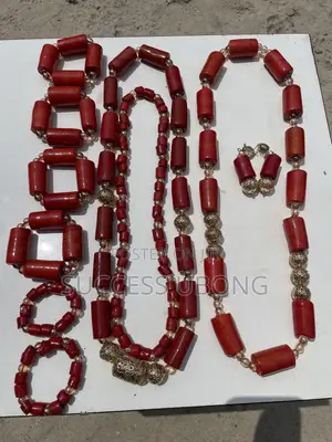 Unused Igbo Traditional Wedding Red Coral Bead Jewelry Set