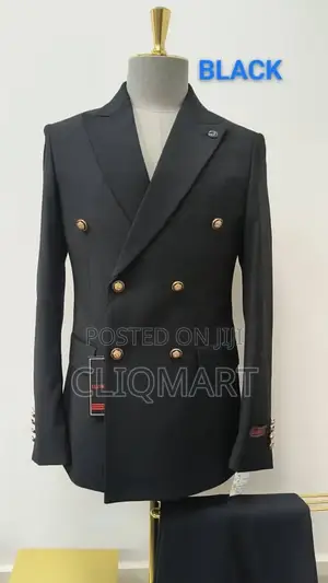 Black Double-Breasted Suit – Gold Button Blazer