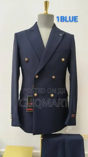 Navy Blue Double-Breasted Suit – Gold Lion Button Blazer