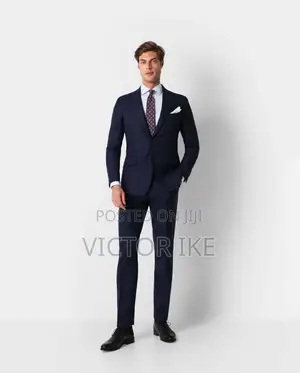 Blue Fitted Male Suit Wear
