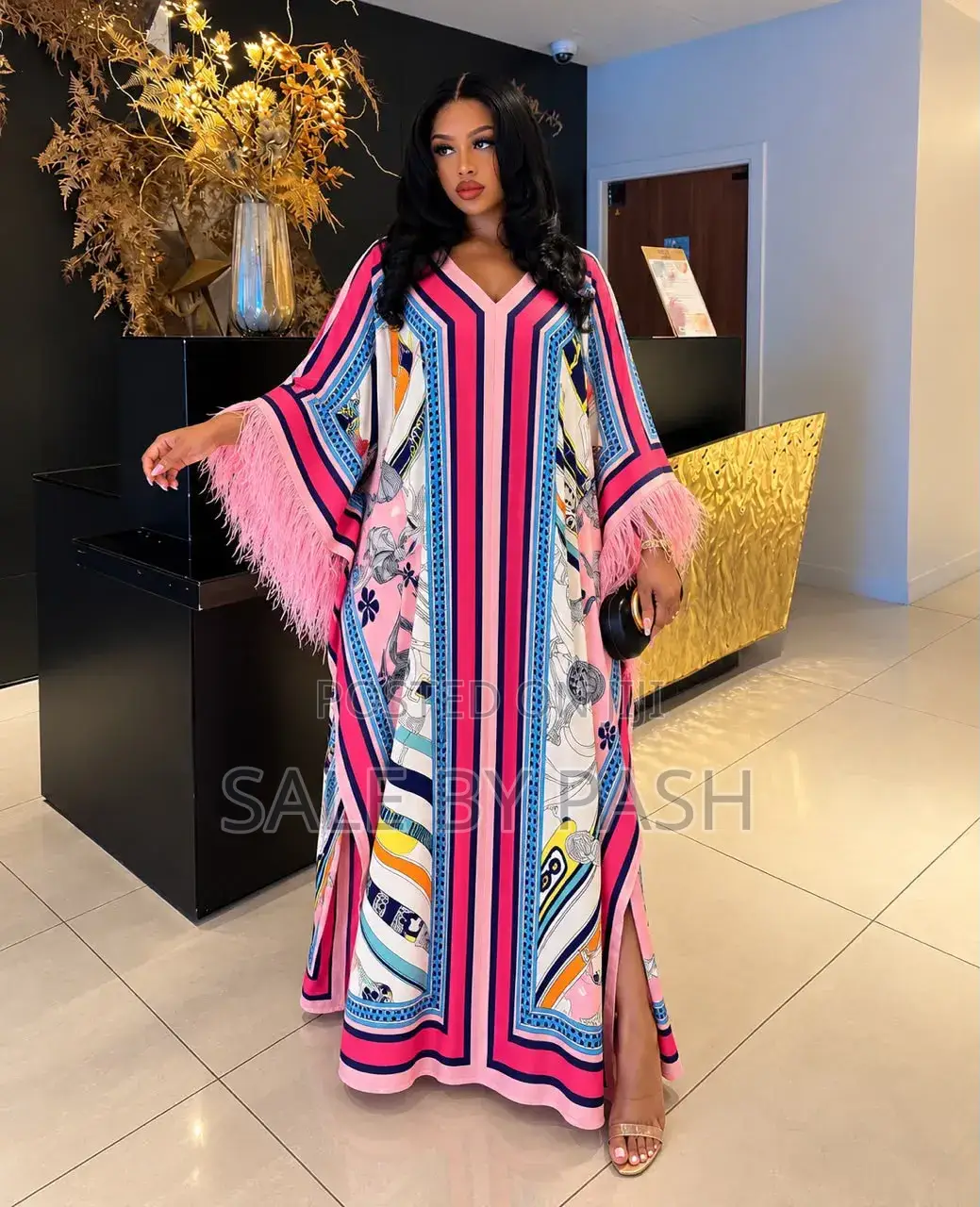 Geometric Pucci Toned Fur Sleeve Kaftan
