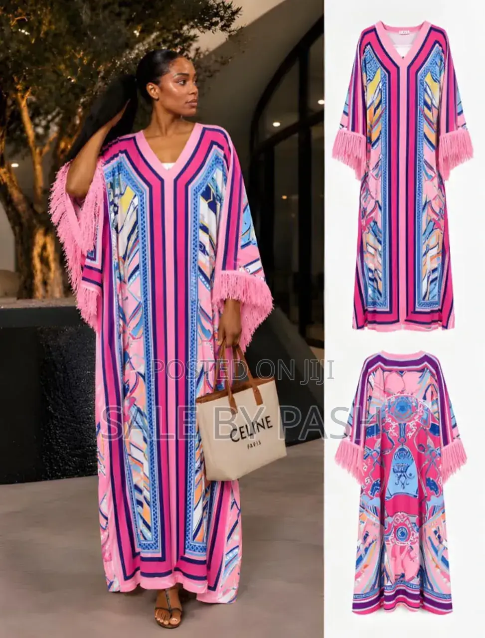 Geometric Pucci Toned Fur Sleeve Kaftan