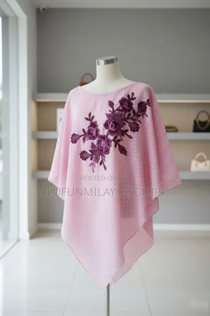 Pink Ladies' Poncho Top With Magenta Floral Embroidery – Elegant RTW