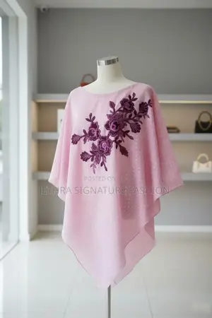Pink Ladies' Poncho Top With Magenta Floral Embroidery – Elegant RTW