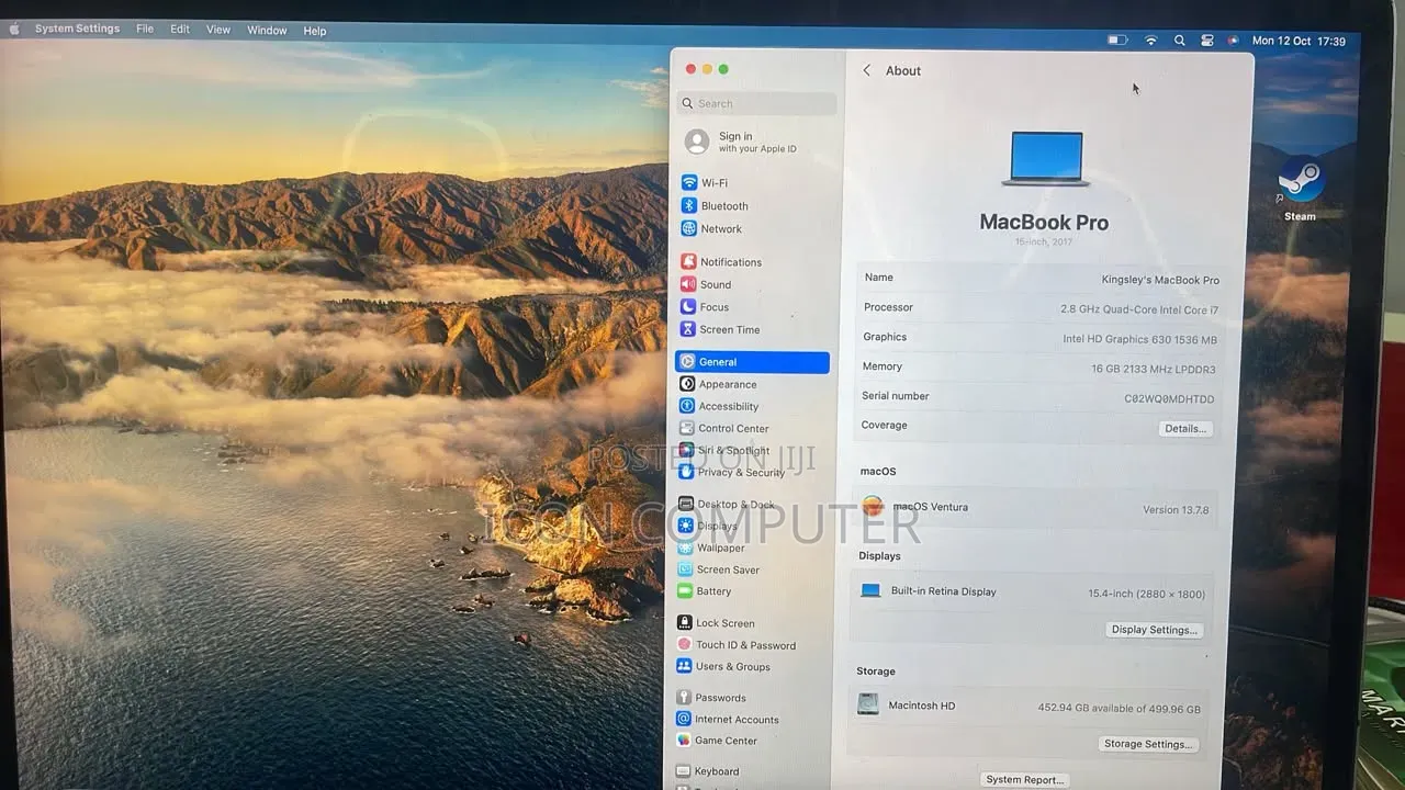 Laptop Apple MacBook Pro 2017 16GB Intel Core i7 SSD 512GB